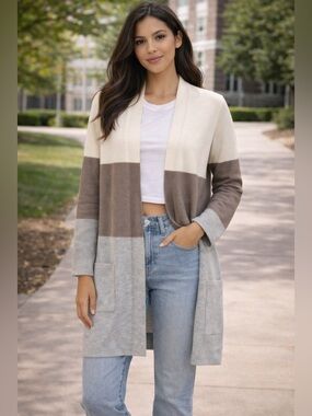 CYRUS Chic Colorblock Cream Taupe Gray Striped Open-Front Long Sleeve Cardigan